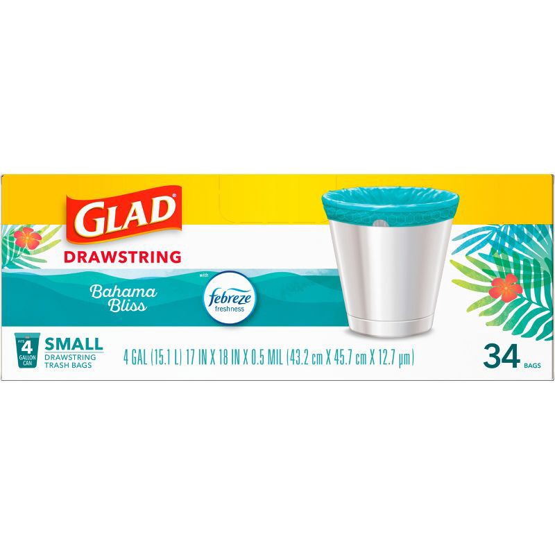 slide 12 of 12, Glad ForceFlex MaxStrength Bahama Bliss Drawstring Trash Bags - Febreze Freshness - 4gal - 34ct, 34 ct; 4 gal