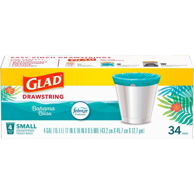 slide 10 of 12, Glad ForceFlex MaxStrength Bahama Bliss Drawstring Trash Bags - Febreze Freshness - 4gal - 34ct, 34 ct; 4 gal