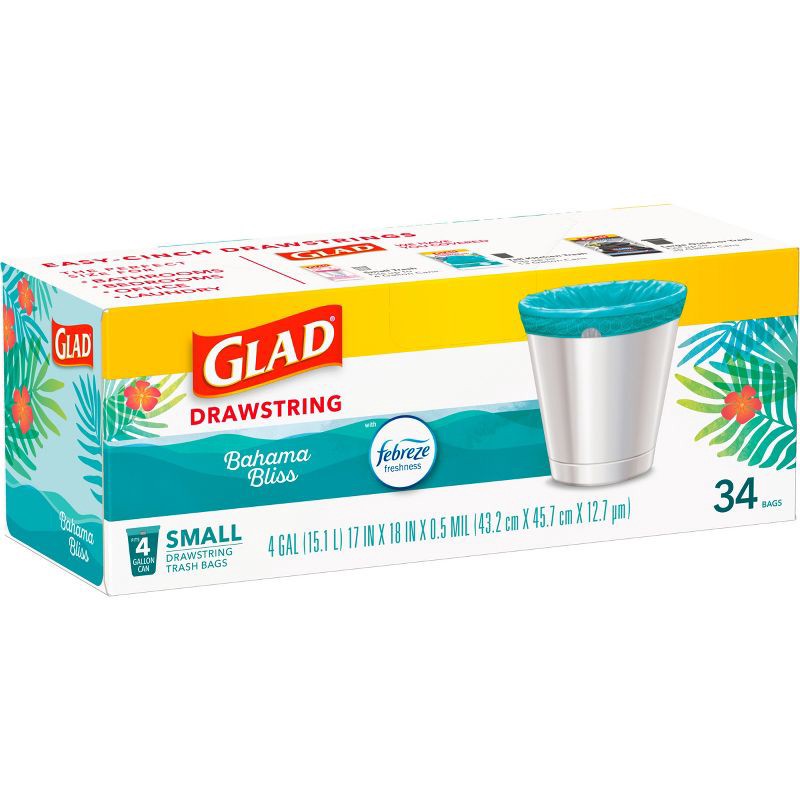 slide 11 of 12, Glad ForceFlex MaxStrength Bahama Bliss Drawstring Trash Bags - Febreze Freshness - 4gal - 34ct, 34 ct; 4 gal