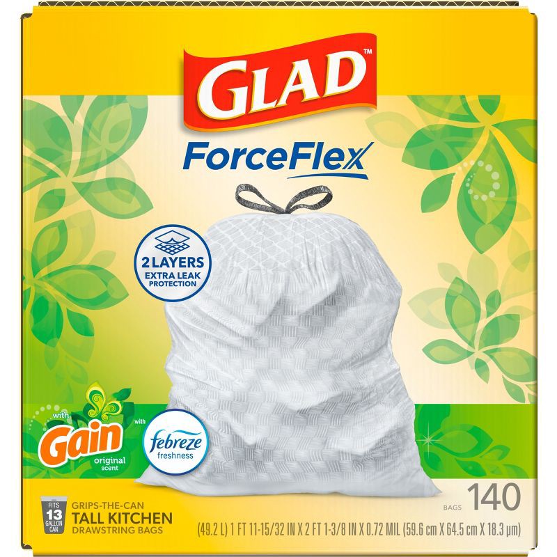slide 11 of 11, Glad ForceFlex Drawstring Trash Bags - Gain Original - 13gal/140ct, 13 gal, 140 ct