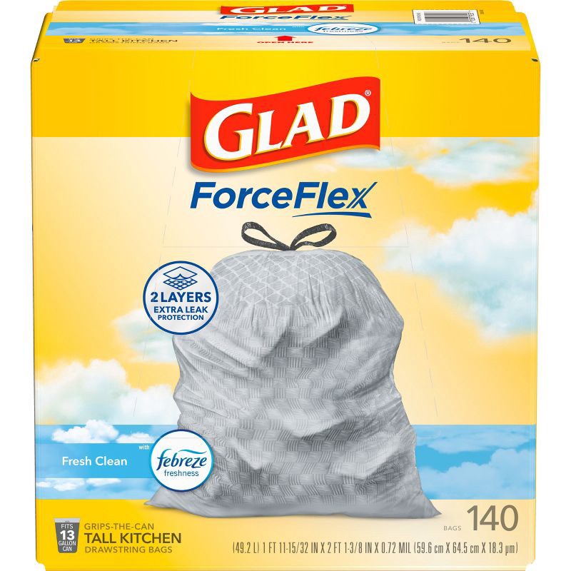 slide 2 of 11, Glad ForceFlex Drawstring Trash Bags - Febreze Fresh - 13gal/140ct, 13 gal, 140 ct