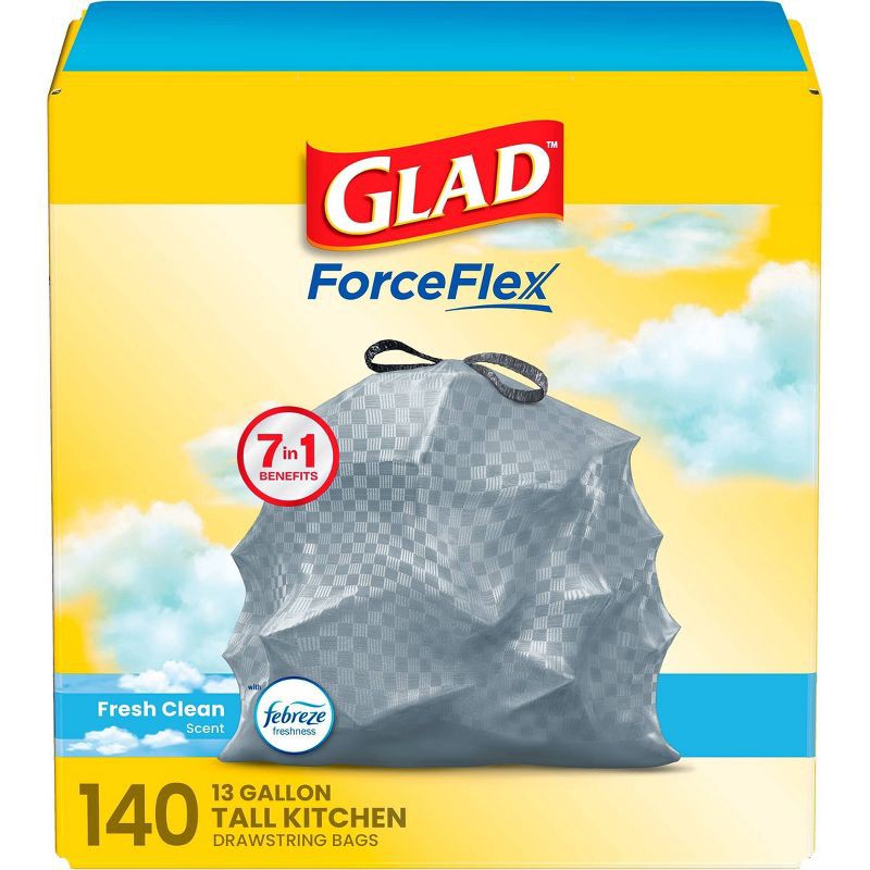 slide 1 of 13, Glad ForceFlex Drawstring Trash Bags - Febreze Fresh - 13gal/140ct, 13 gal; 140 ct