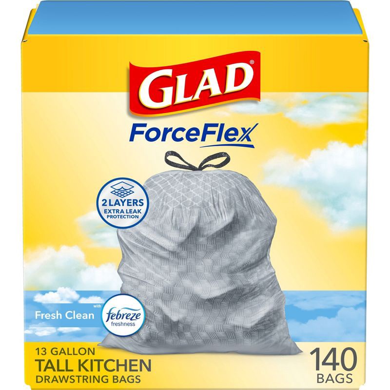 slide 1 of 11, Glad ForceFlex Drawstring Trash Bags - Febreze Fresh - 13gal/140ct, 13 gal, 140 ct