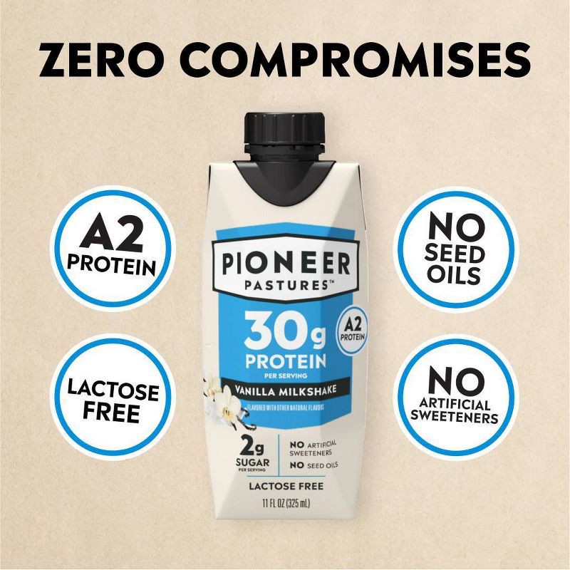 slide 8 of 8, Pioneer Pastures High Protein Nutritional Milkshake Vanilla Non-Caffeinated - 44 fl oz/4pk, 4 ct; 44 fl oz