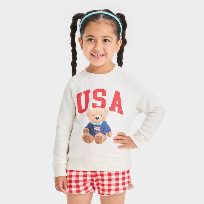 slide 3 of 4, Grayson Mini Toddler Girls' 2pc Americana USA Teddy Bear Pullover Sweatshirt and Gingham Shorts Set - Red 12M, 2 ct