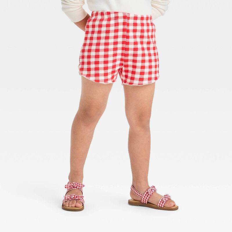 slide 4 of 4, Grayson Mini Toddler Girls' 2pc Americana USA Teddy Bear Pullover Sweatshirt and Gingham Shorts Set - Red 12M, 2 ct