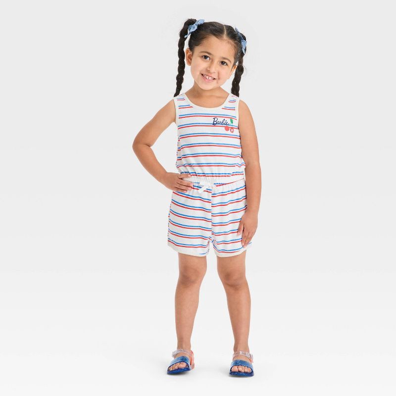 slide 3 of 3, Toddler Girls' Barbie Americana Cherry Romper - Red/White/Blue 4T, 1 ct