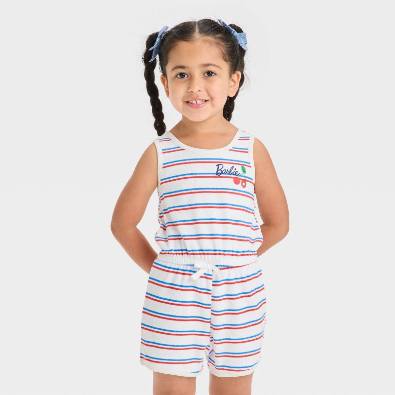 slide 1 of 3, Toddler Girls' Barbie Americana Cherry Romper - Red/White/Blue 4T, 1 ct