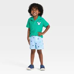Toddler Boys' 2pc Disney Mickey Mouse Sporty Collared Shirt and Shorts Set - Green/Blue 12M