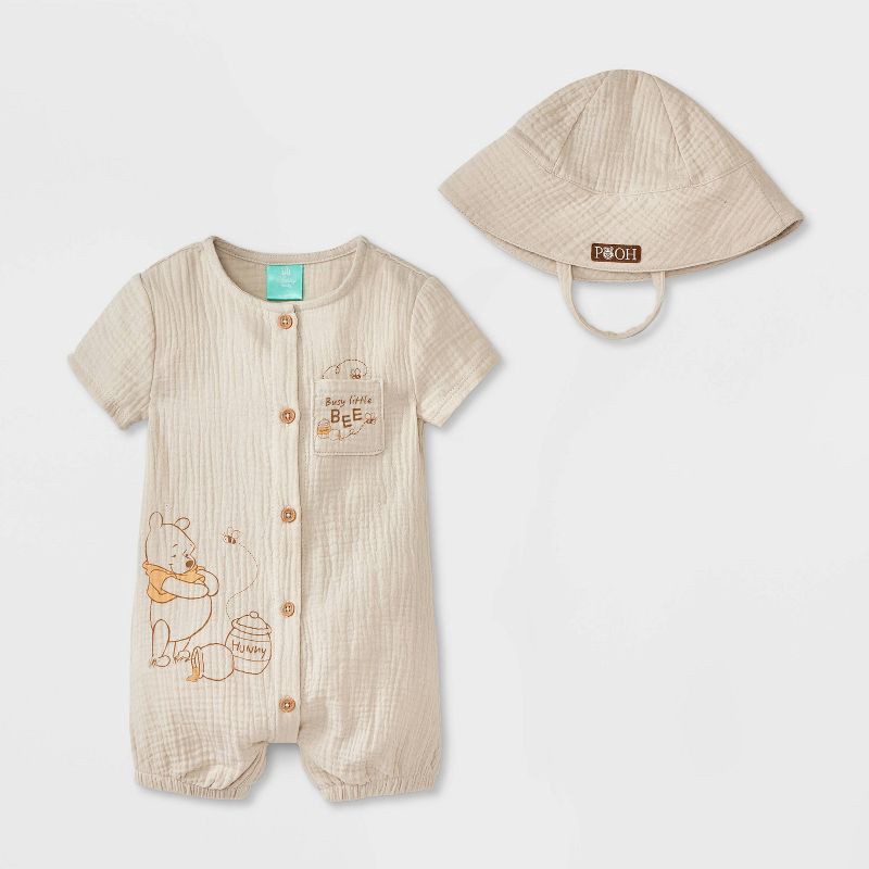 slide 1 of 4, Baby Boys' 2pc Disney Winnie The Pooh Gauze Romper and Hat Set - Oatmeal 18M, 2 ct