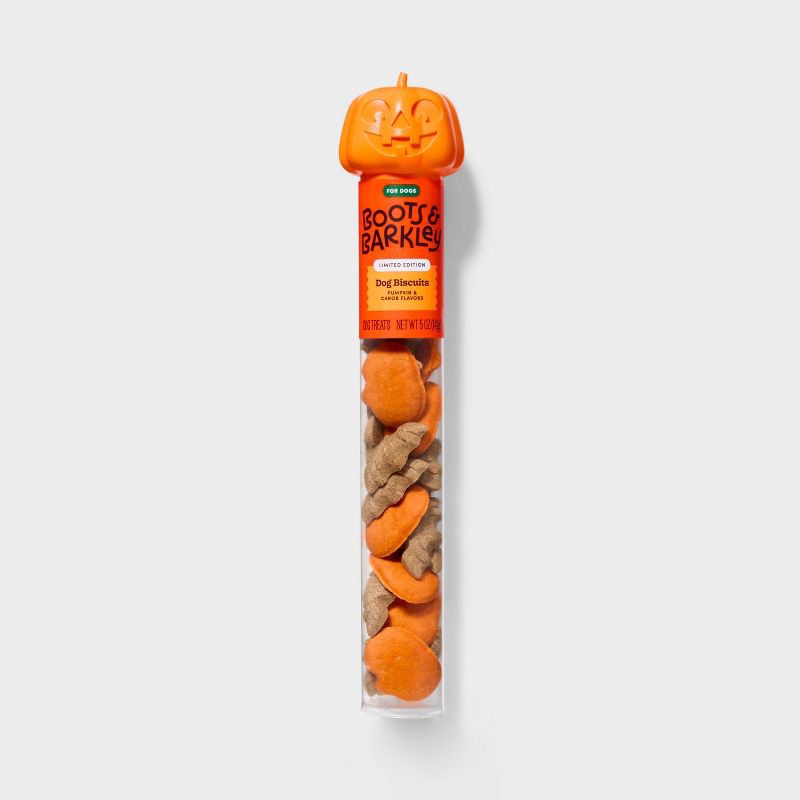 slide 1 of 4, Halloween Pumpkin Flavor Biscuit Filled Jack-O-Lantern Tube Dog Treats - Boots & Barkley™ 5oz, 5 oz