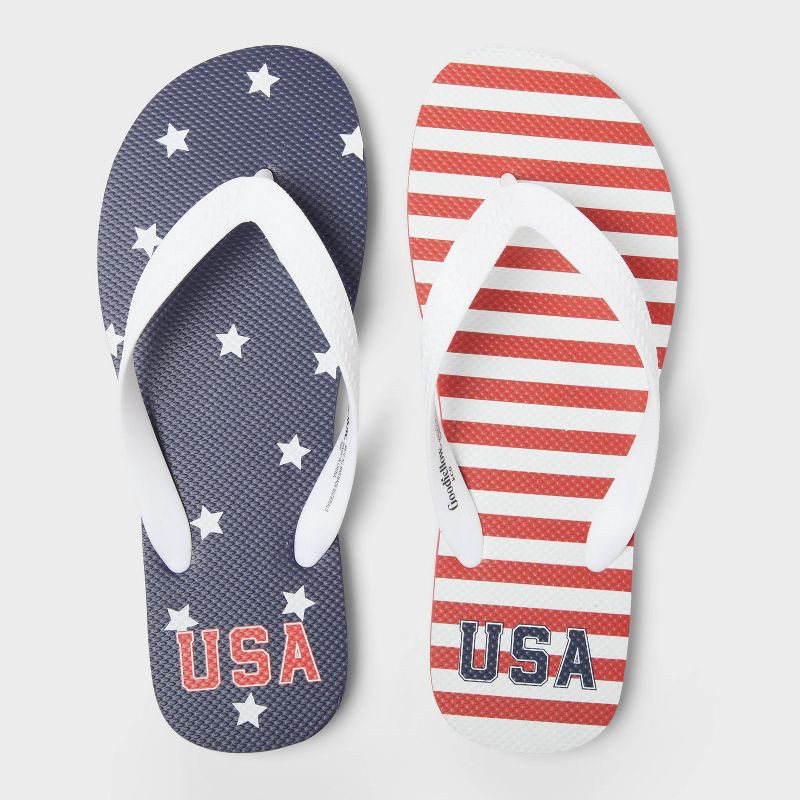 slide 1 of 5, Men's Brent Americana Flip Flop Sandals - Goodfellow & Co™ Red/White S: Thong Strap, Open Toe, Non-Marking Outsole, Medium Width, 1 ct
