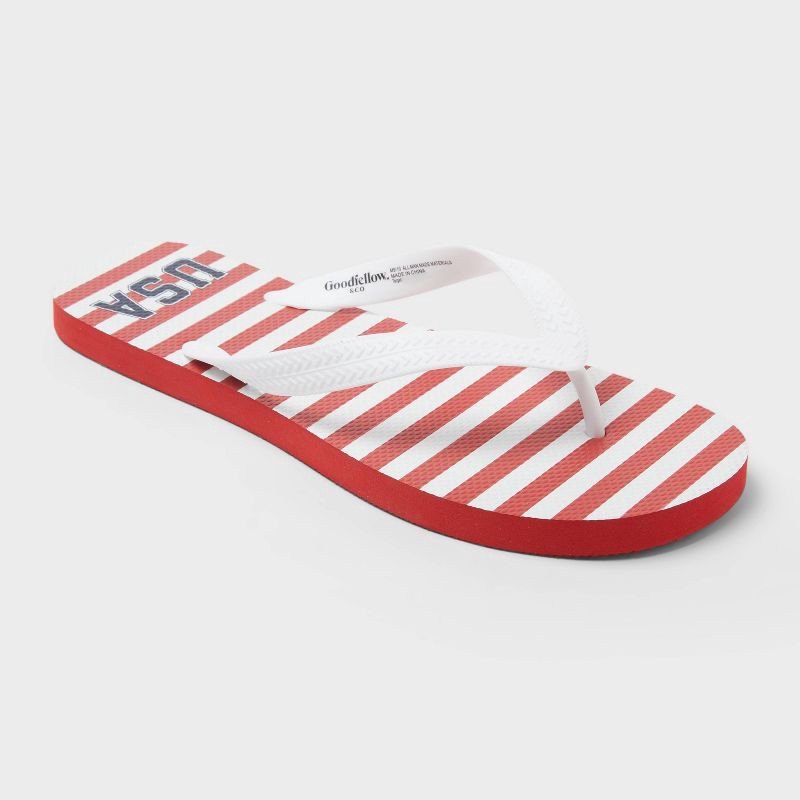 slide 5 of 5, Men's Brent Americana Flip Flop Sandals - Goodfellow & Co™ Red/White S: Thong Strap, Open Toe, Non-Marking Outsole, Medium Width, 1 ct