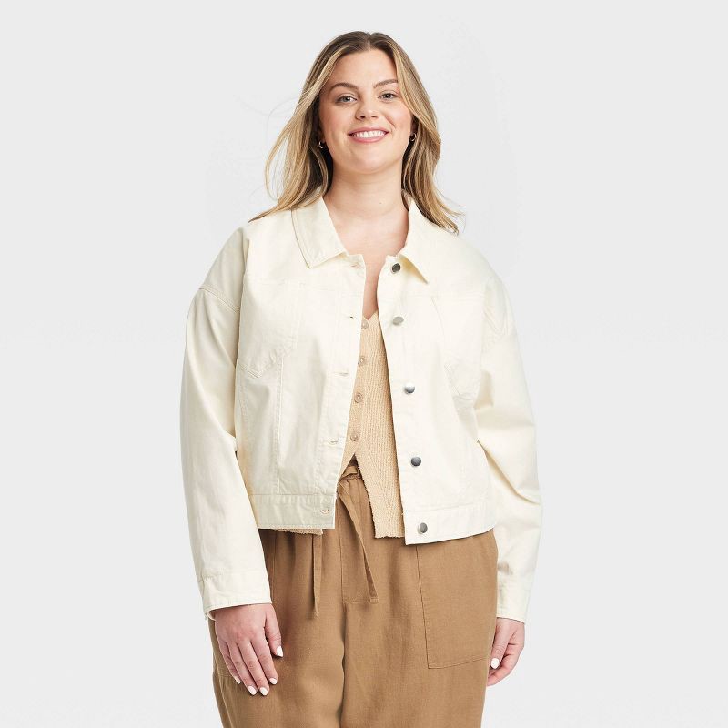 slide 1 of 3, Women's Trucker Jacket - Universal Thread™ Cream XXL: Cotton Blend, Recycled Cotton, Spandex, Lightweight Twill,, 1 ct
