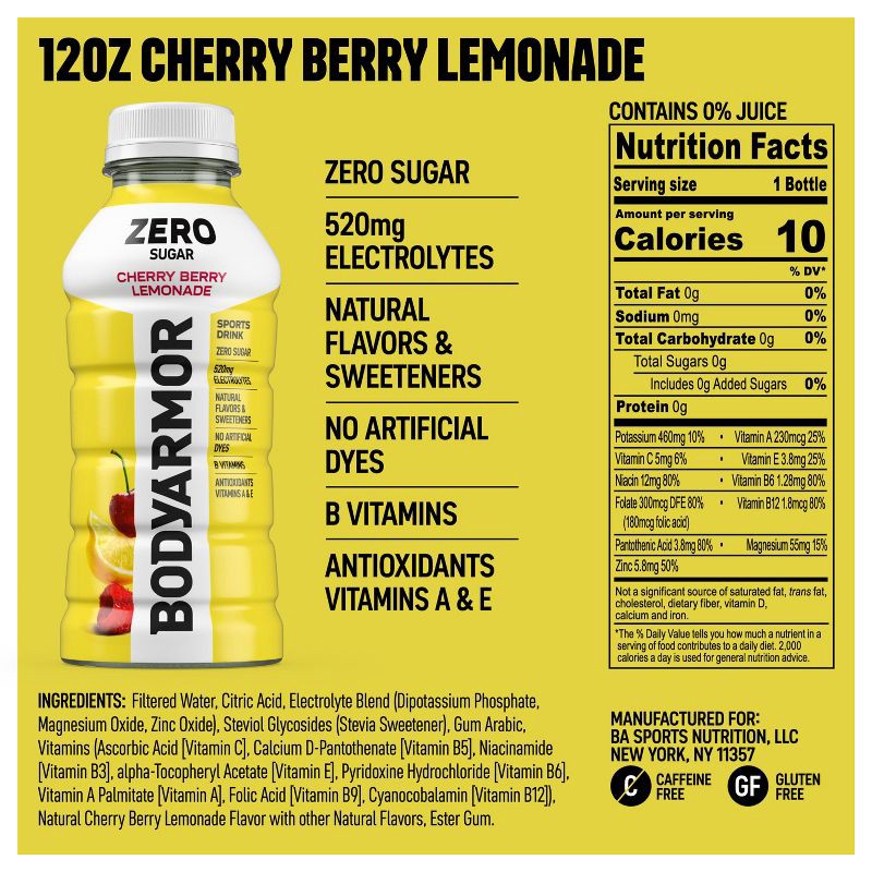slide 7 of 8, BODYARMOR ZERO Cherry Berry Lemonade - 8pk/12 fl oz Bottles, 8 ct; 12 fl oz
