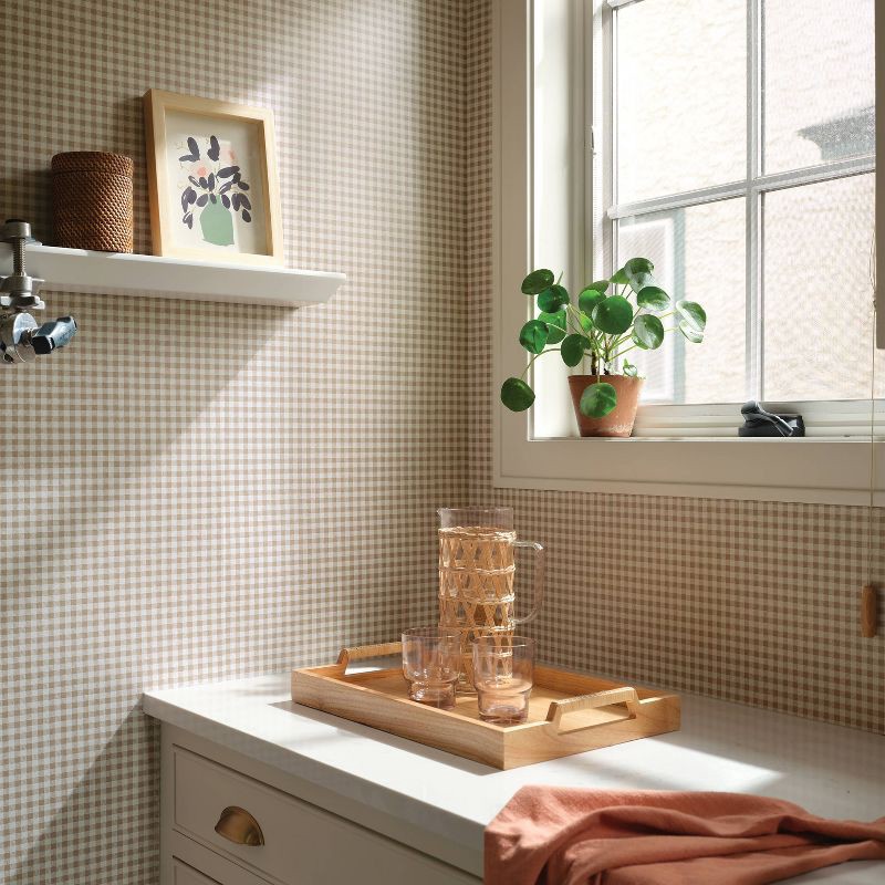 slide 2 of 4, Gingham Taupe Peel and Stick Wallpaper - Threshold™, 1 ct