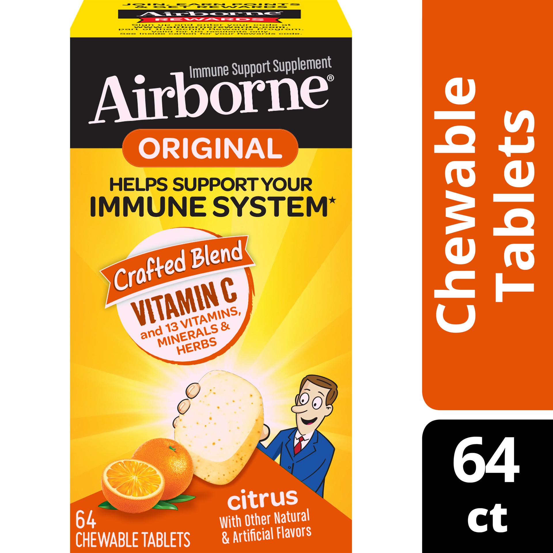 slide 1 of 1, Airborne Chewable Tablets Immune Support Supplement, Citrus, 64 ct
