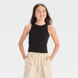 Girls' High Neck Ribbed Tank Top - art class™ Black S: Cotton Blend, Slim Fit, Sleeveless, Pullover, Below Waist