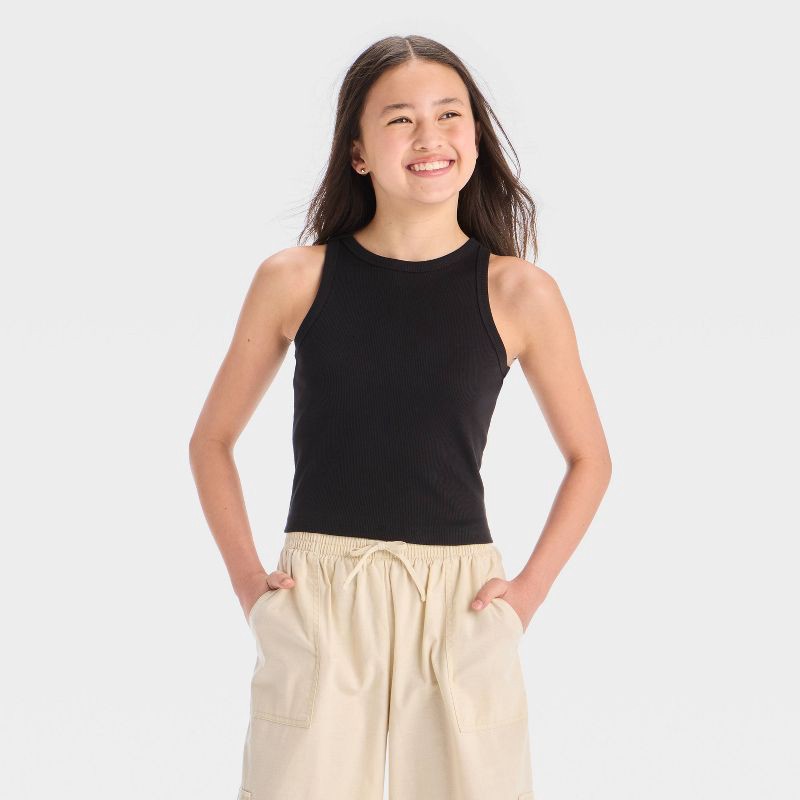 Girls' High Neck Ribbed Tank Top - art class™ Black XL: Slim Fit