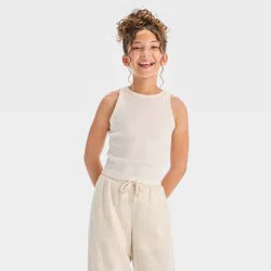 Girls' High Neck Ribbed Tank Top - art class™ Off-White M: Cotton Blend, Slim Fit, Sleeveless, Machine Washable