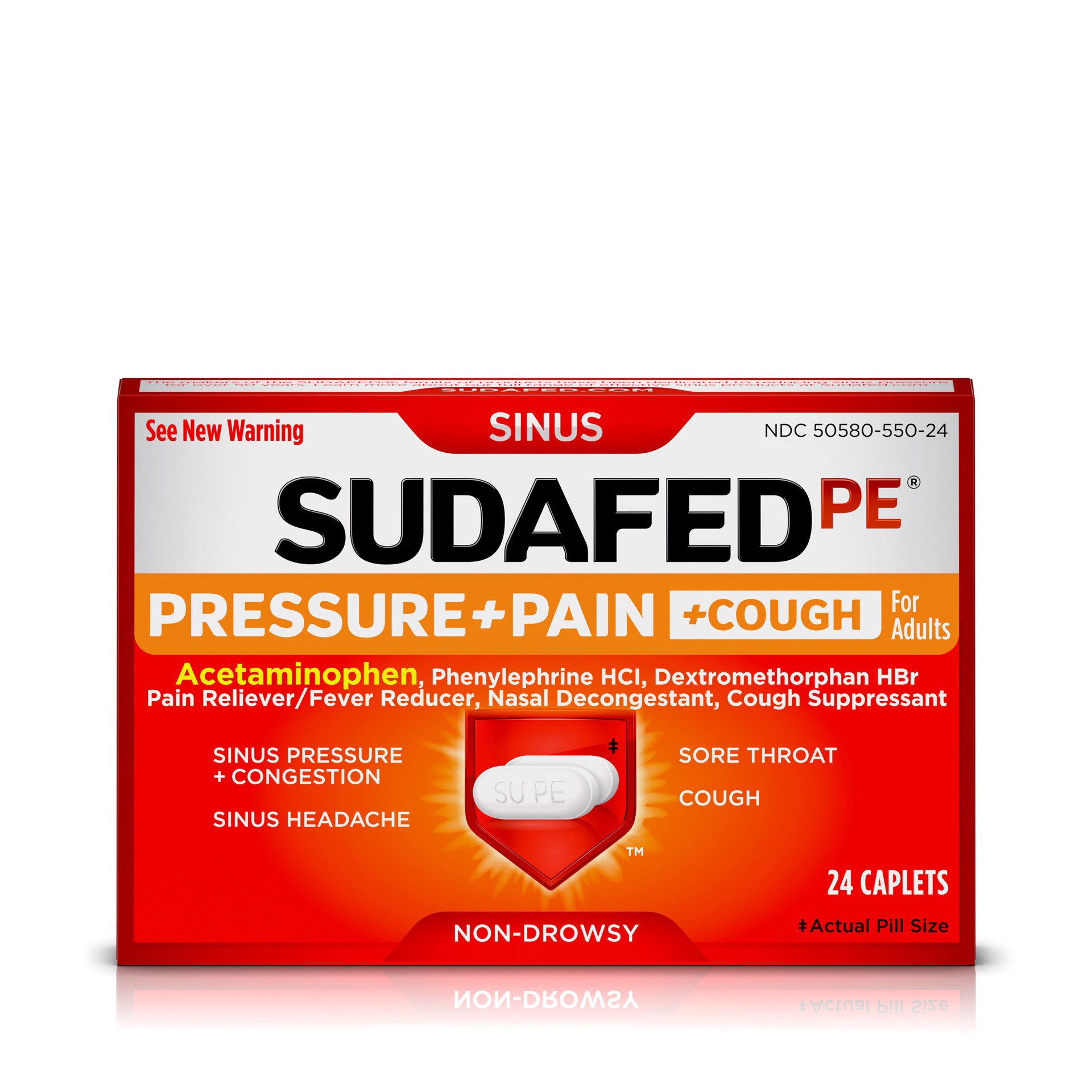 slide 5 of 7, Sudafed PE Pressure + Pain + Cough Caplets, Sinus Pressure, Sore Throat, Nasal Congestion Relief, 24 Count, 24 ct