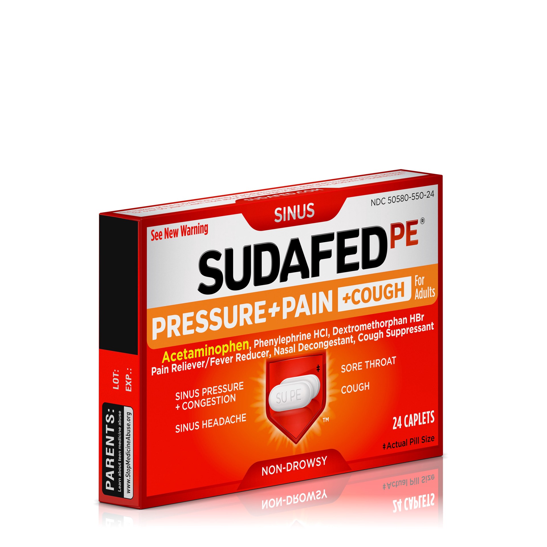 slide 3 of 7, Sudafed PE Pressure + Pain + Cough Caplets, Sinus Pressure, Sore Throat, Nasal Congestion Relief, 24 Count, 24 ct