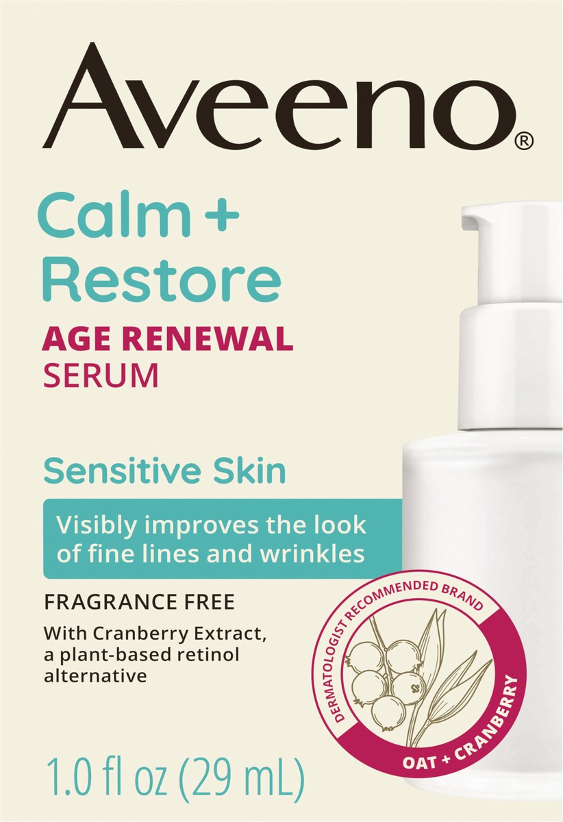 slide 5 of 12, Aveeno Calm + Restore Age Renewal Serum for Sensitive Skin, Fragrance Free, 1.0 Fl. Oz, 1 fl oz