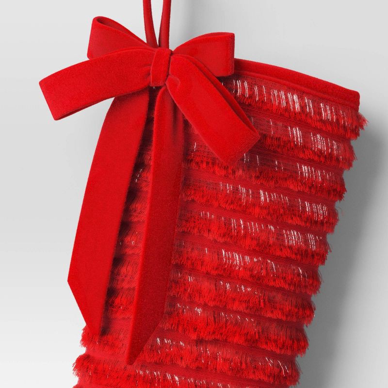 slide 3 of 3, 21" Christmas Fringe Fabric Stocking with Bow Red - Wondershop™, 1 ct