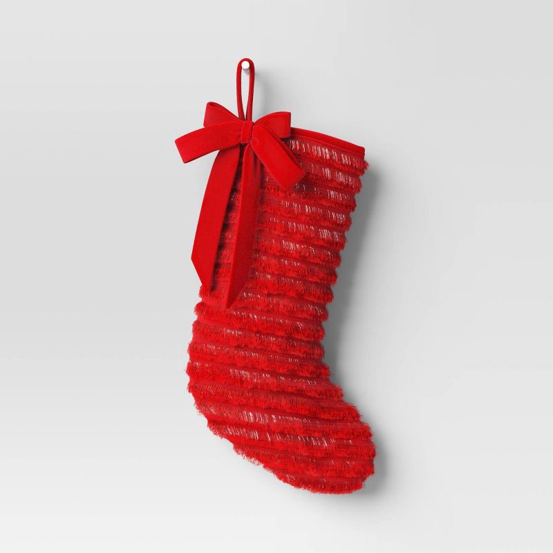 slide 1 of 3, 21" Christmas Fringe Fabric Stocking with Bow Red - Wondershop™, 1 ct