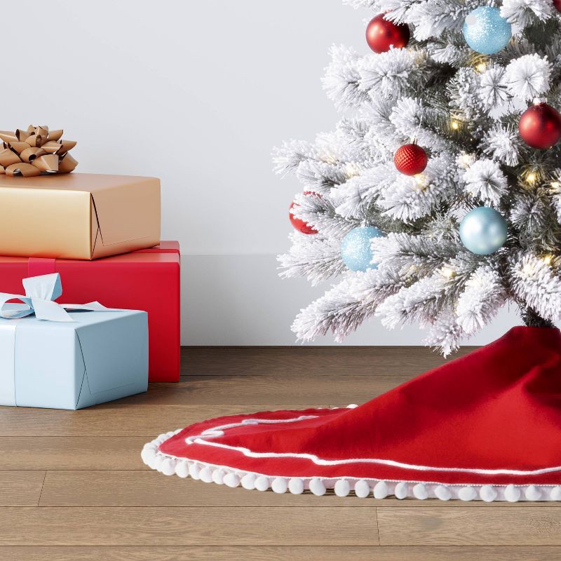 slide 2 of 5, 48" Christmas Red Felt Tree Skirt with White Wavy Border and Pom Trim - Wondershop™, 1 ct