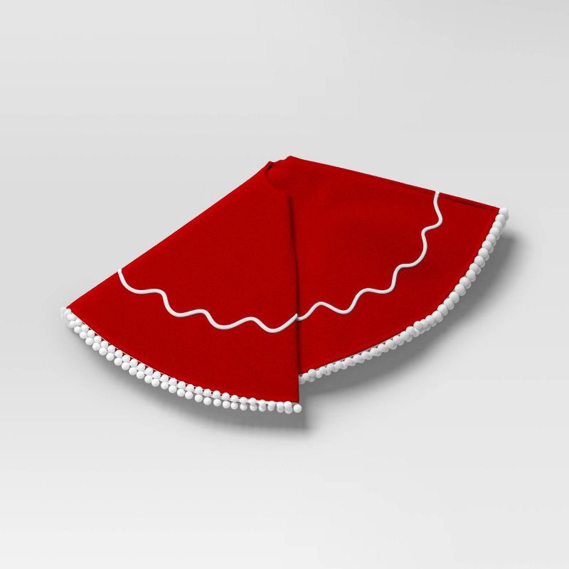 slide 3 of 5, 48" Christmas Red Felt Tree Skirt with White Wavy Border and Pom Trim - Wondershop™, 1 ct