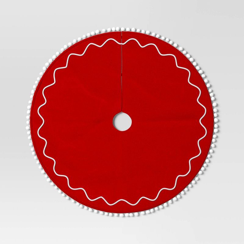 slide 4 of 5, 48" Christmas Red Felt Tree Skirt with White Wavy Border and Pom Trim - Wondershop™, 1 ct
