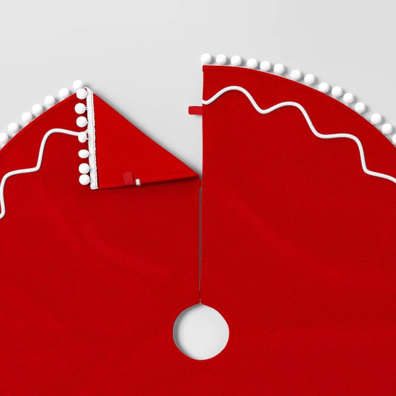 slide 5 of 5, 48" Christmas Red Felt Tree Skirt with White Wavy Border and Pom Trim - Wondershop™, 1 ct