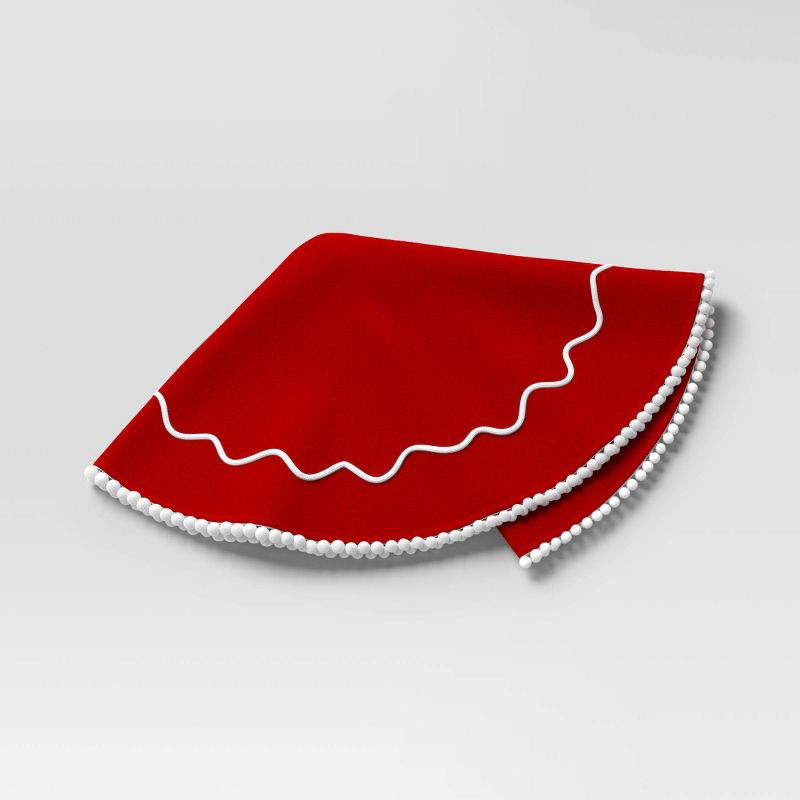 slide 1 of 5, 48" Christmas Red Felt Tree Skirt with White Wavy Border and Pom Trim - Wondershop™, 1 ct
