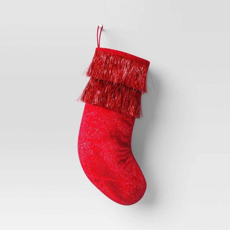 slide 1 of 3, 20" Christmas Tinsel Collar Stocking Red - Wondershop™, 1 ct