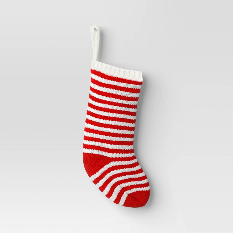 slide 1 of 3, 20" Christmas Stripe Knit Stocking Red/White - Wondershop™, 1 ct