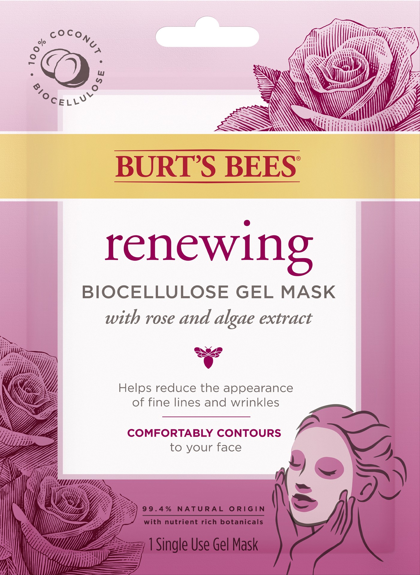 slide 1 of 22, Burt's Bees Renewing Biocellulose Gel Face Mask with Rose & Algae Extract, 1 ct