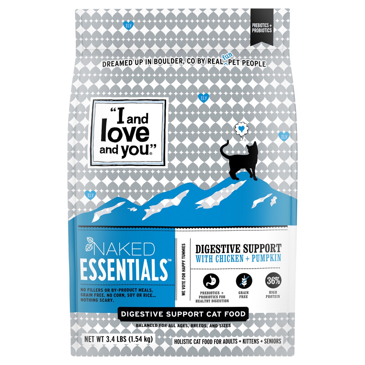 slide 1 of 29, I and Love and You "I and love and you" Naked Essentials Dry Cat Food, Digestive Support Chicken and Pumpkin Recipe, Grain Free, Real Meat, No Fillers, 3.4 lb Bag, 3.4 lb