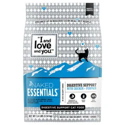 I and Love and You  Naked Essentials Dry Cat Food, Digestive Support Chicken and Pumpkin Recipe, Grain Free, Real Meat, No Fillers, 3.4 lb Bag