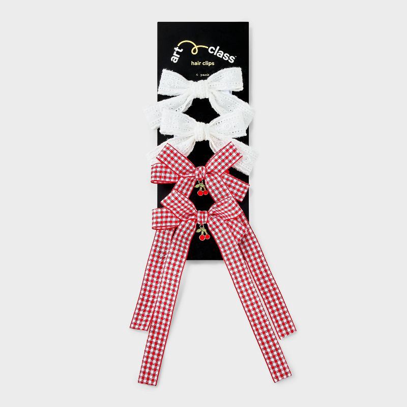 slide 2 of 3, Girls' 4pk Lace and Gingham Cherry Bow Hair Clip Set - art class™, 4 ct