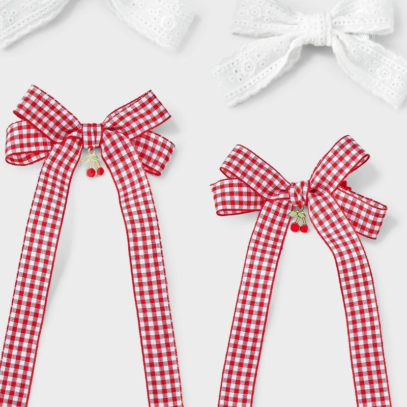slide 3 of 3, Girls' 4pk Lace and Gingham Cherry Bow Hair Clip Set - art class™, 4 ct