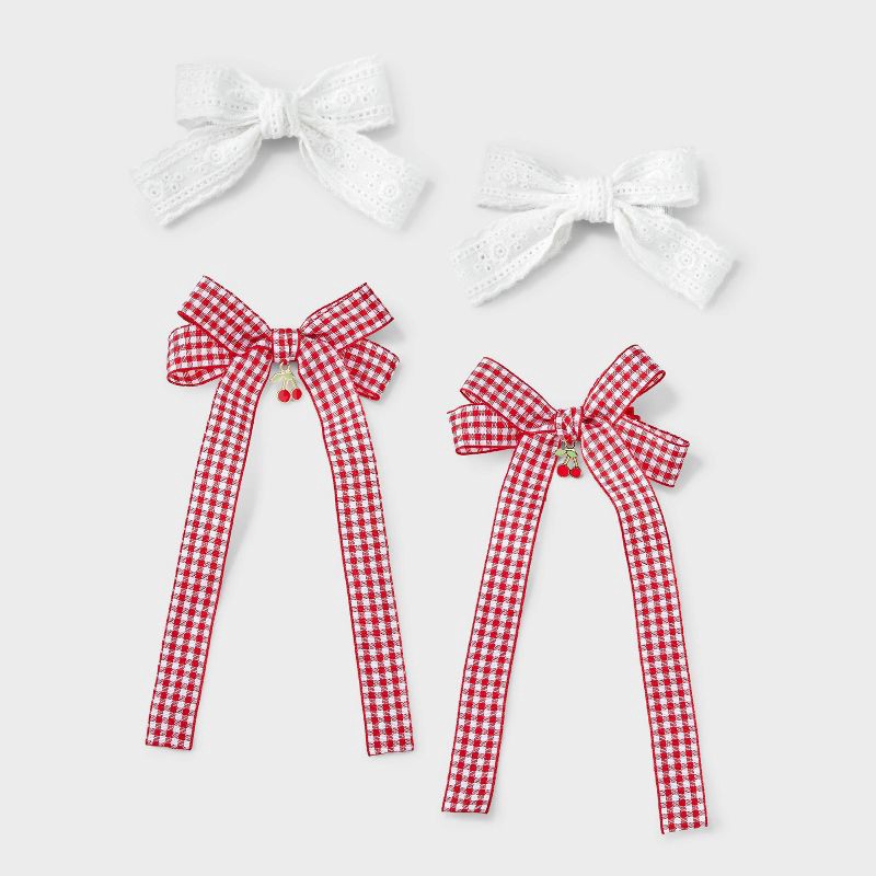 slide 1 of 3, Girls' 4pk Lace and Gingham Cherry Bow Hair Clip Set - art class™, 4 ct