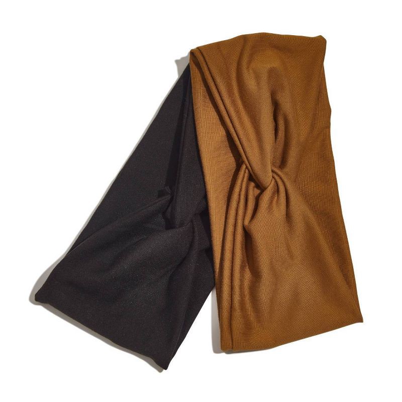 slide 2 of 6, Kitsch Recycled Fabric Wide Twist Headbands Set - Camel and Black - 2ct, 2 ct