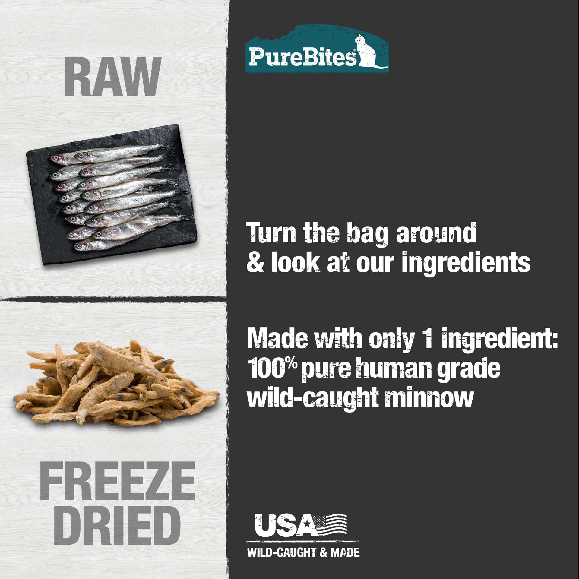 slide 5 of 5, PureBites Freeze Dried Minnow Cat Treats 66g | 1 Ingredient | Made in USA, 66 g