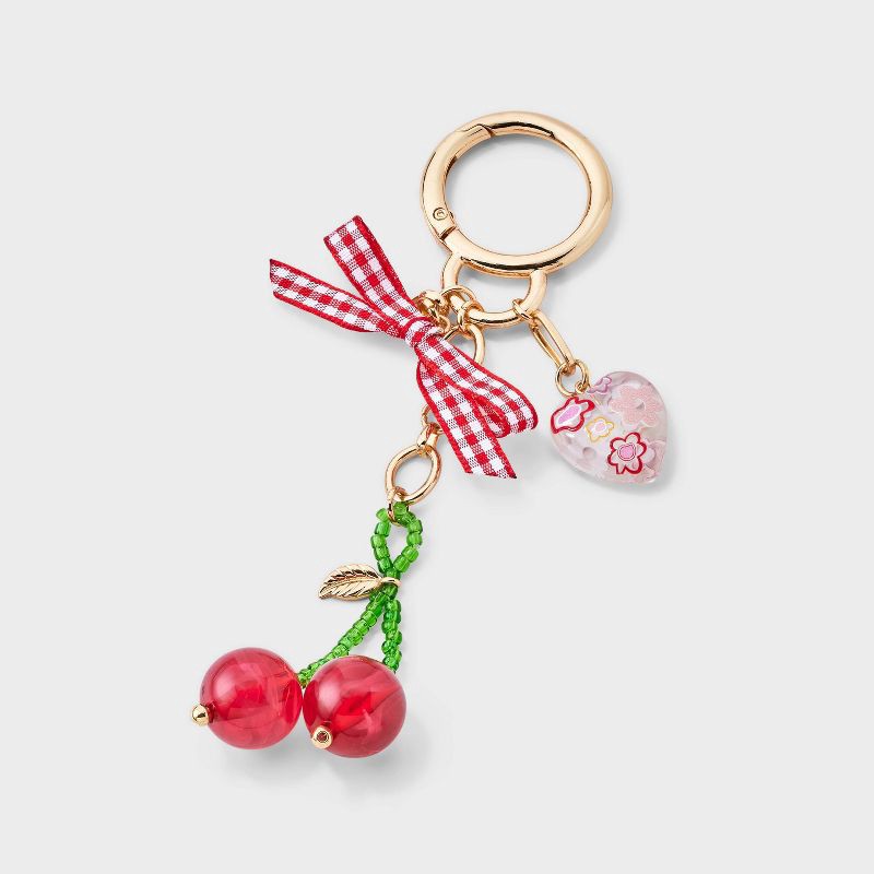 slide 1 of 3, Gingham Bow and Cherry Bag Charm - A New Day™ Red, 1 ct