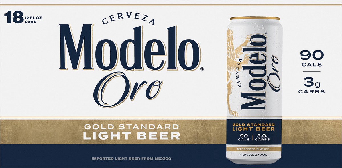 slide 4 of 4, Modelo Oro Mexican Lager Import Light Beer, 18 pk 12 fl. oz. Cans, 4.0% ABV, 18 ct; 12 oz