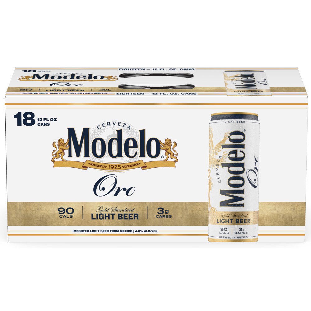 slide 1 of 4, Modelo Oro Mexican Lager Import Light Beer, 18 pk 12 fl. oz. Cans, 4.0% ABV, 18 ct; 12 oz