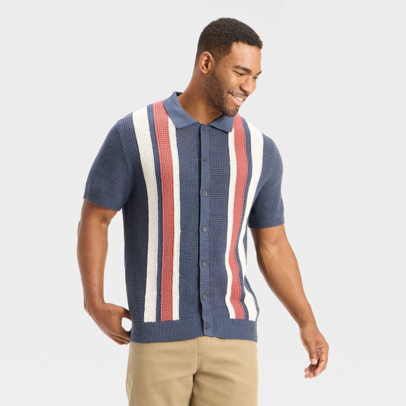 slide 1 of 3, Men's Striped Full Button Sweater - Goodfellow & Co™ Navy Blue L, 1 ct