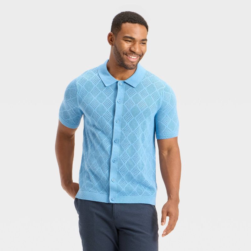 slide 1 of 3, Men's Open Stitch Polo Sweater - Goodfellow & Co™ Blue XL, 1 ct