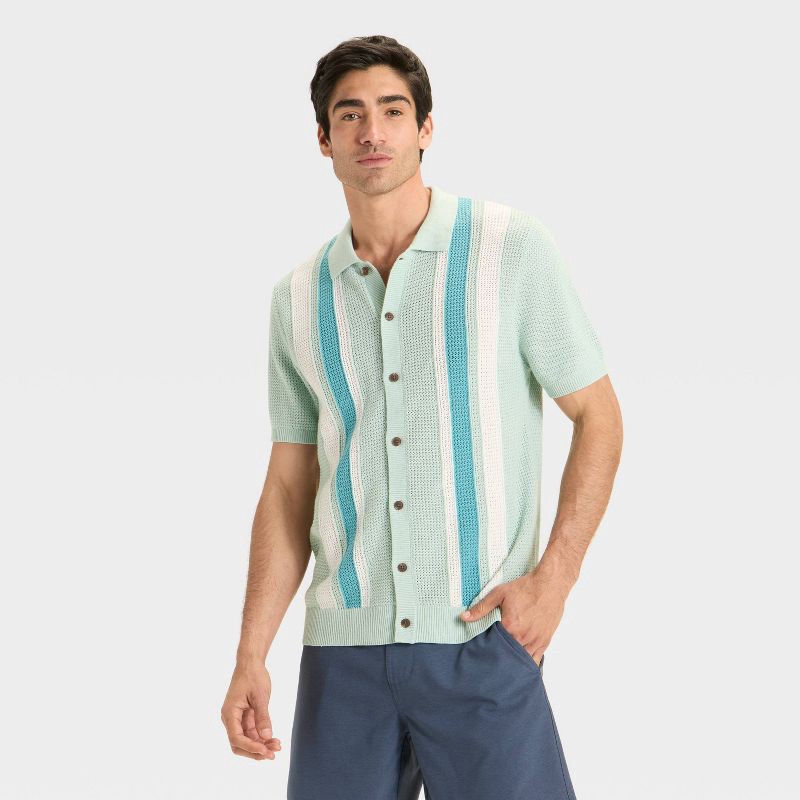 slide 1 of 3, Men's Striped Full Button Sweater - Goodfellow & Co™ Light Green S, 1 ct